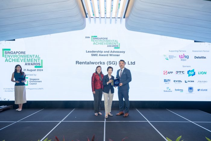 Rentalworks Group receiving the Leadership and Advocacy award, presented by Minister for Sustainability and the Environment, Ms Grace Fu. PHOTO: Singapore Environmental Council.